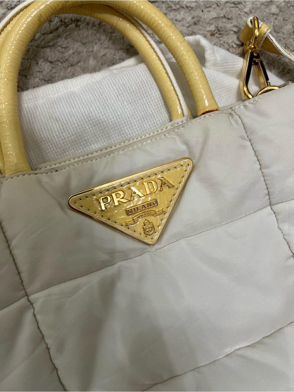 Prada Cream Quilted Tote with Yellow Trim and Gold Hardware - Picture 2 of 8